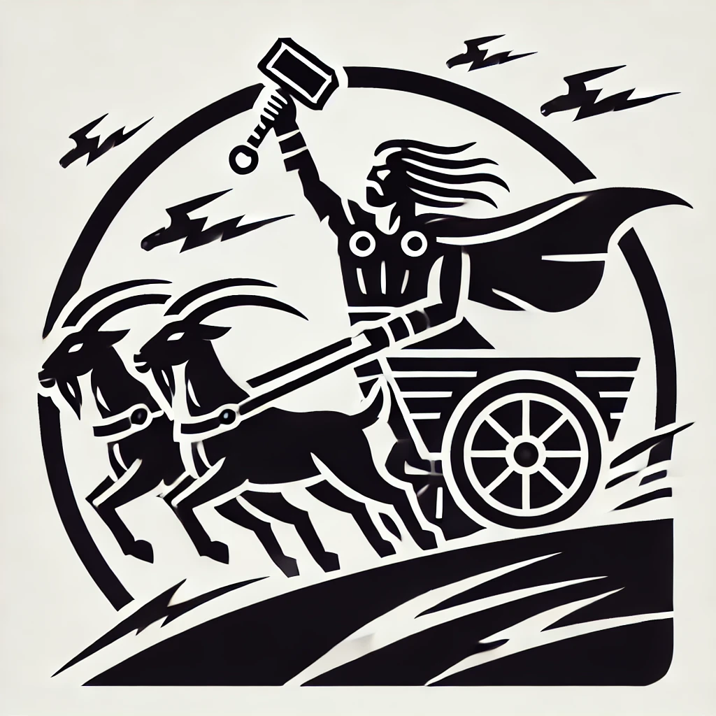 Donderjacht logo: Thor met hamer op een strijdwagen getrokken door twee bokken